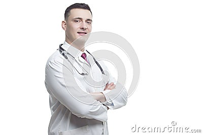 Positive Professional Confident Male GP Doctor Posing in Doctor's Smock And Endoscope And Hands Stock Photo