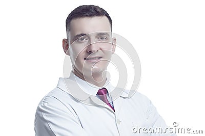 Positive Professional Confident Male GP Doctor Posing in Doctor's Smock And Endoscope with Hands Stock Photo