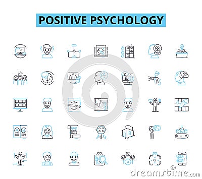 Positive psychology linear icons set. Gratitude, Resilience, Optimism, Empathy, Mindfulness, Serenity, Joy line vector Vector Illustration