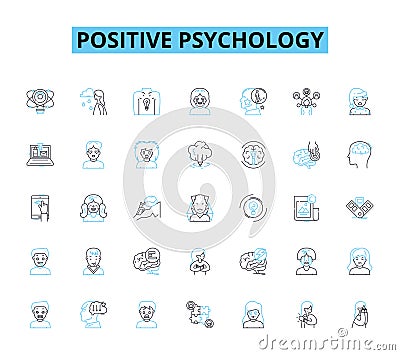 Positive psychology linear icons set. Gratitude, Resilience, Optimism, Empathy, Mindfulness, Serenity, Joy line vector Vector Illustration