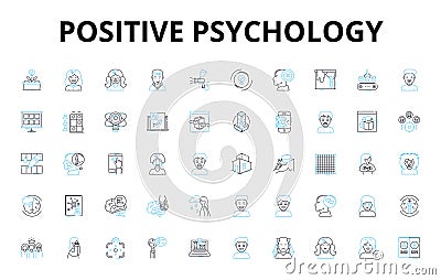 Positive psychology linear icons set. Gratitude, Resilience, Optimism, Empathy, Mindfulness, Serenity, Joy vector Vector Illustration