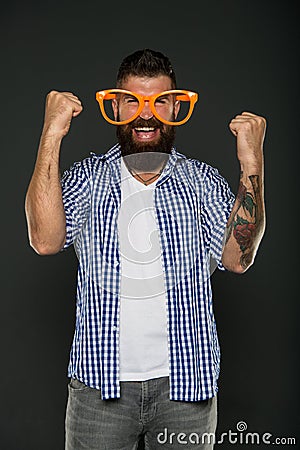 Positive psychology. Overcome life troubles with smile. Happiness and positive. Stay positive. Man brutal bearded Stock Photo