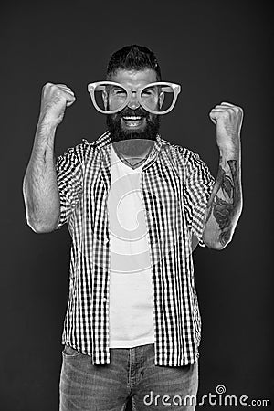 Positive psychology. Overcome life troubles with smile. Happiness and positive. Stay positive. Man brutal bearded Stock Photo