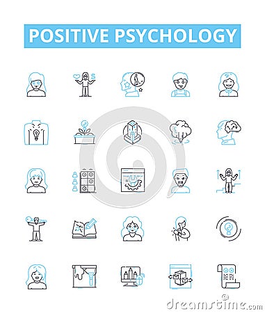 Positive psychology vector line icons set. Hope, Optimism, Happiness, Resilience, Motivation, Gratitude, Self-Esteem Vector Illustration