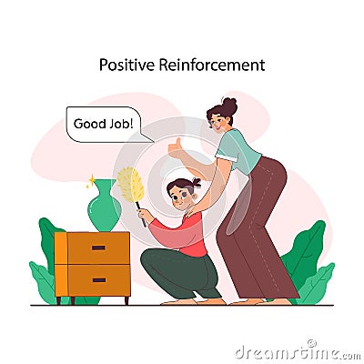 Positive reinforcement. Mother support her daughter. Girl doing house Vector Illustration