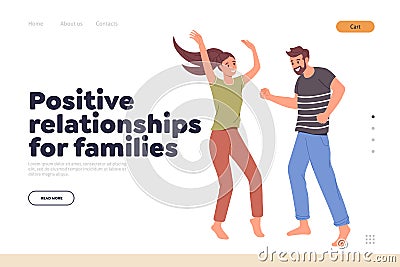 Positive relationships for family landing page design template with dancing man and woman couple Vector Illustration