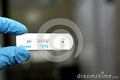 Positive result of HCV and negative HIV and HBV in a rapid test cassette kit for Hepatitis C virus HBV and HIV Stock Photo