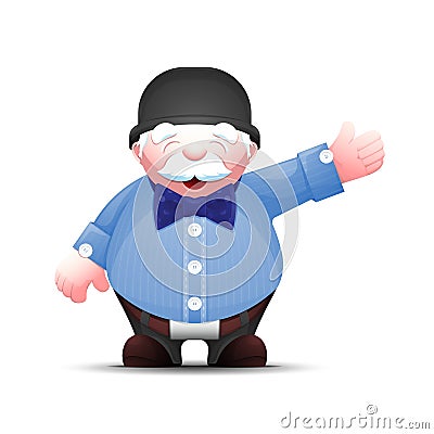 Positive senior business man stands and points to the side Vector Illustration