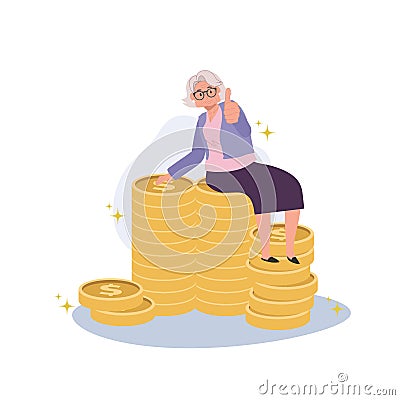 Positive Senior Lifestyle, Elderly Woman Gives Thumbs Up on Currency Stack. Flat vector cartoon illustration Vector Illustration