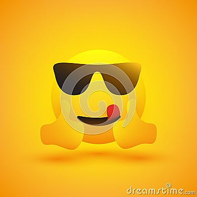 Positive, Smiling Satisfied Mouth Licking Hipster Emoji with Sunglasses Showing Double Thumbs Up on Yellow Background Vector Illustration