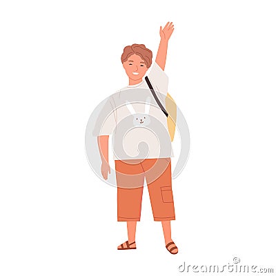 Positive smiling schoolboy waving with hand raised up. Happy friendly boy standing with school bag and greeting someone. Colored Vector Illustration