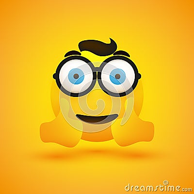 Positive, Smiling Very Satisfied Young Nerd Emoji with Round Glasses Showing Double Thumbs Up on Yellow Background Vector Illustration