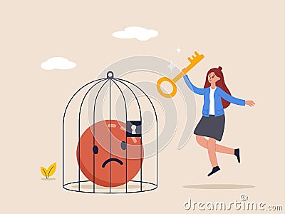 Positive thinking concept. Bad mood and negative emotions closed in cage. Woman lock negative emoji in birdcage, good Vector Illustration