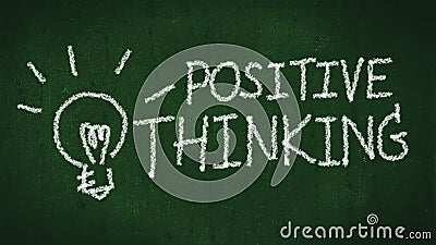 Positive thinking concept. handwritten word positive thinking on black chalkboard with light bulb as idea Stock Photo