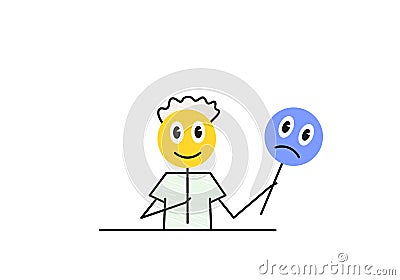 positive thinking concept, i choose to be positive, my mood today, a boy is holding a happy face mask simple sketch Vector Illustration