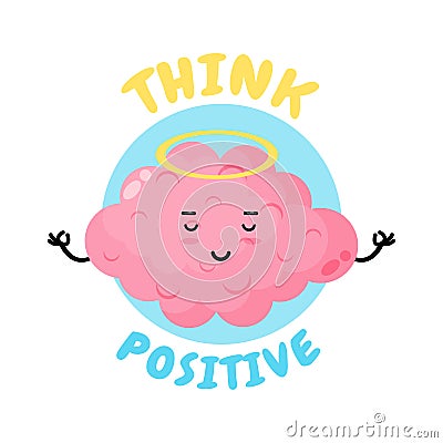 Positive Thinking, cute brain doing meditation Vector Illustration