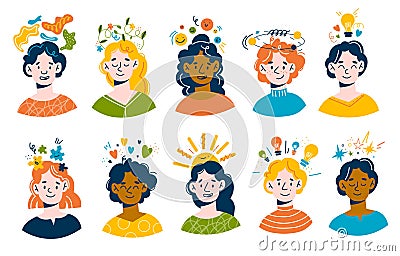 Positive thinking people. Funny young men and women faces with happy emotions, sun and flowers above head, mental health Vector Illustration