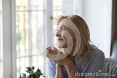 Positive thoughtful middle aged blond woman sitting on home sofa Stock Photo