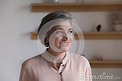 Positive thoughtful senior grey haired lady looking away Stock Photo