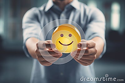 Positive Vibes: Man Holding a Yellow Smiley, Good Feedback, review Stock Photo
