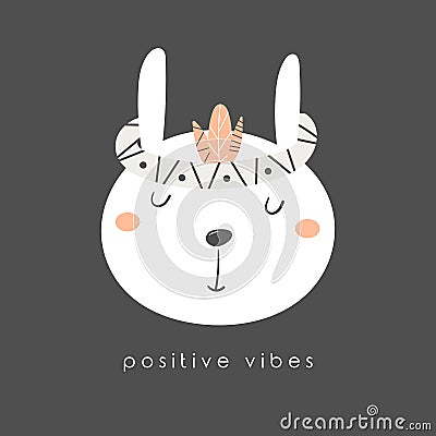 Positive vibes poster with ethnic rabbit character. Vector Illustration