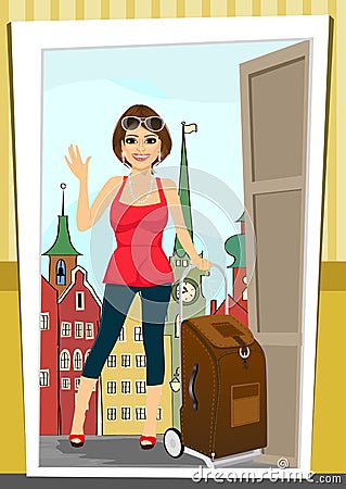 Positive woman comes back home from vacation Vector Illustration