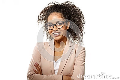 Positive Woman surprise showing product. Attractive young female with Afro hairstyle presenting product. Girl points aside with Stock Photo