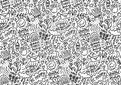 Positive words doodle pattern, lots of hand drawn elements and sayings. Smile, be happy, shine - handwriting text Vector Illustration