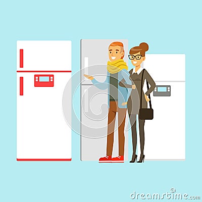 Positive young family couple choosing fridge. Appliance store colorful vector Illustration Vector Illustration