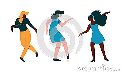 Positive Young Girl Dancing Moving Hands and Legs to Music Rythm Vector Set Vector Illustration