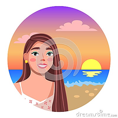 Positive young girl standing on the sandy shore against the background of the ocean sunset time Vector Illustration