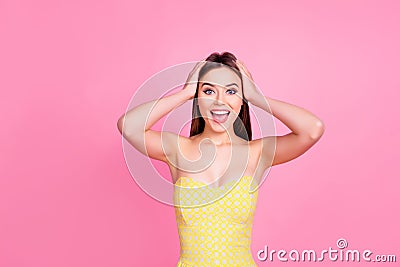 Positivity disbelief lifestyle people hairdo joy concept portrait of beautiful stunning screaming shocked lovely tender gentle gi Stock Photo