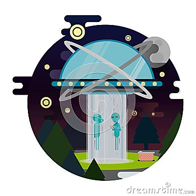 Vector Illustration `Green aliens and Human child` for the Day of Astronautics Vector Illustration