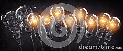 Possible impossible concept. Light bulbs in row with glowing text possible Cartoon Illustration