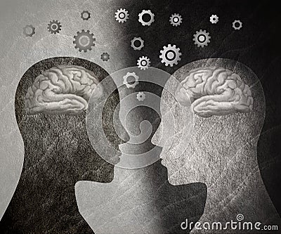 Group therapy. 2 human heads in silhouette profile with brain and gears. Neuroscience or neurology seminar Stock Photo