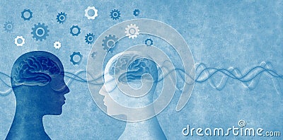 Group therapy. Neuroscience or neurology seminar. 2 human heads in silhouette profile with brain and gears. Stock Photo