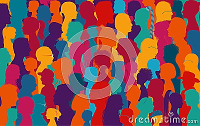 Crowd talking.Dialogue and communication between group of diverse multiethnic and multicultural people.Silhouette of colored profi Stock Photo