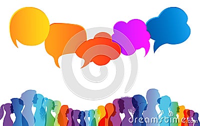 Speech bubble. Dialogue group of people. Crowd talking. Communication between people. Silhouette profiles. Rainbow colours Stock Photo