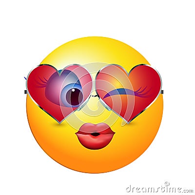 Cartoon emoticon winking and kissing with heart shaped trend sunglasses. Vector 3d illustration Stock Photo