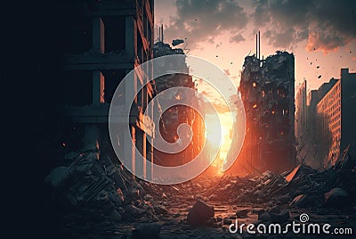 Post apocalypse concept. ruined city. Fantasy Concept.Apocalypse city in fog. Aerial View of the destroyed city. Apocalypse concep Stock Photo