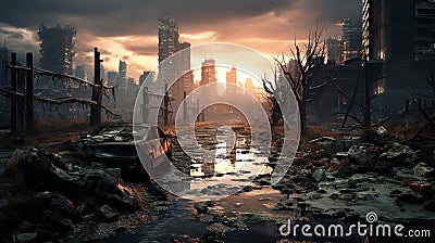 Post apocalypse scary view, apocalyptic destroyed city at sunset Stock Photo