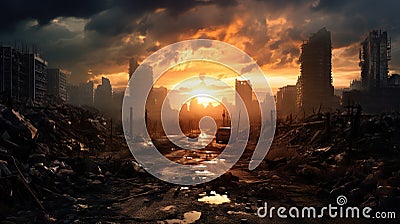 Post apocalypse view, apocalyptic scene of destroyed city at sunset Stock Photo