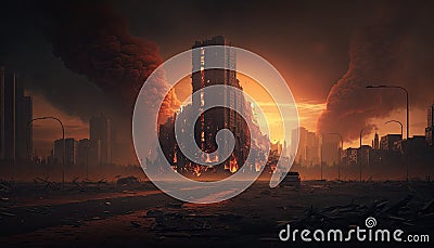 Post-apocalyptic burning buildings cityscape. Inferno, industrial, urban, remains. Fire hell storm. Stock Photo
