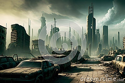 a post apocalyptic city with abandoned cars on the street generated by ai Stock Photo