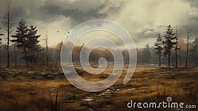 Post-apocalyptic Forest Painting With Birds: A Dark And Gloomy Landscape Stock Photo