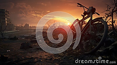 Post-apocalyptic Sunset: Ruined Bicycle In Atmospheric Landscape Stock Photo