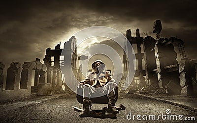 Post apocalyptic survivor in gas mask Stock Photo