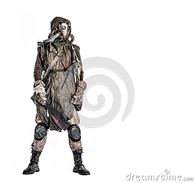 Post apocalyptic survivor in gas mask and rags Stock Photo