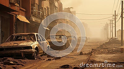 Post apocalyptic urban city street in ruin with destroyed buildings debris and car wrecks - generative ai Stock Photo
