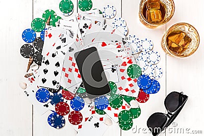 Post blog social media poker. Banner template layout mockup for online casino. Wooden white table, top view on workplace Stock Photo